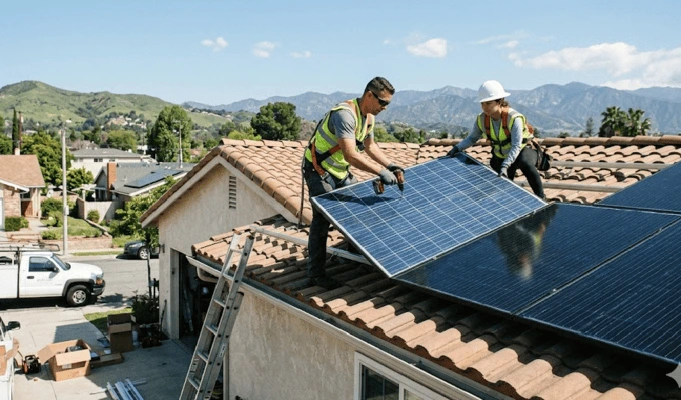 Solar panel installation in Burbank CA on a residential tile roof with mountains in the background.