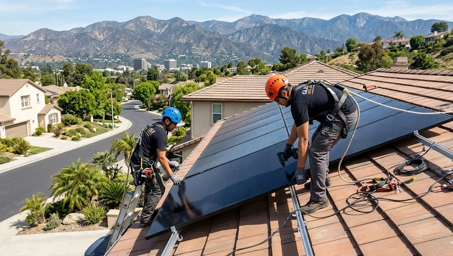Completed residential solar panel installation in Glendale CA on a suburban home.