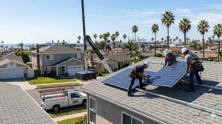 Professional technicians performing a solar panel installation in Burbank CA on a residential rooftop with a crane lifting equipment.
